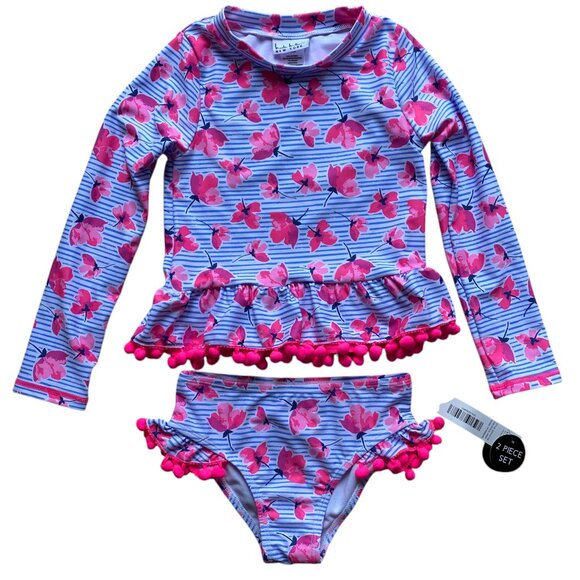 NWT Nicole Miller Rash Guard Swimsuit Set Stripes Floral Pom Poms Pool Beach-6 - Picture 1 of 13